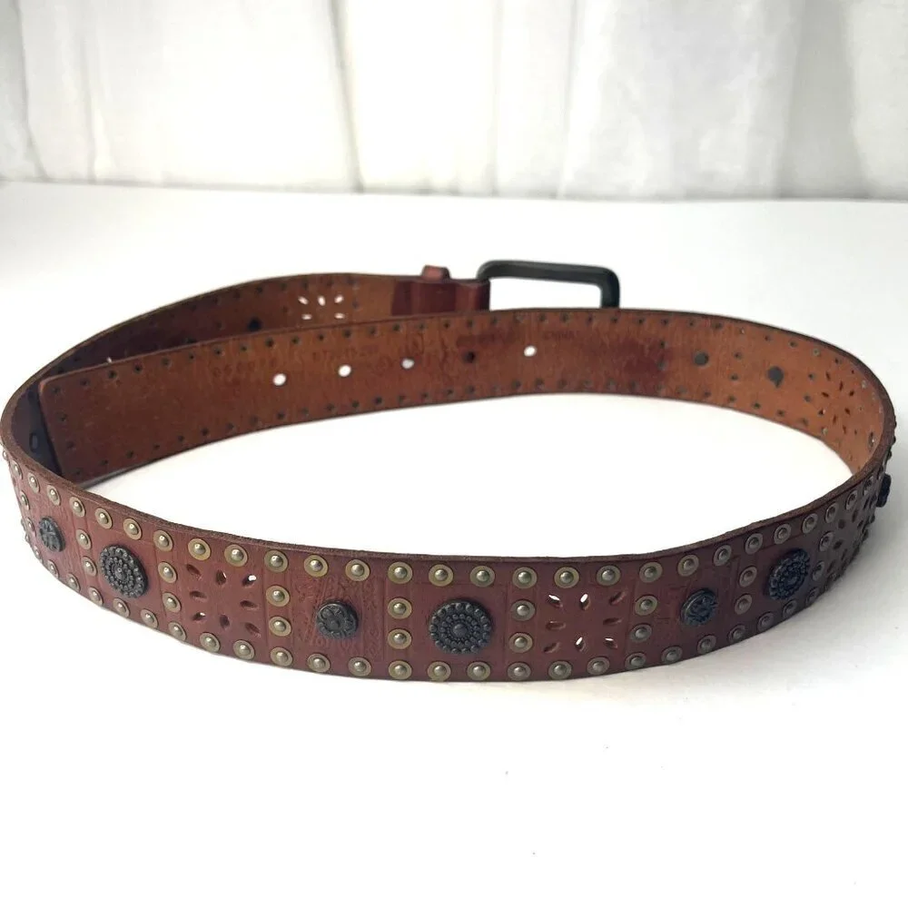 Riveted Leather Belt Riveted Bohemian Boho Gypsy Small Western 37